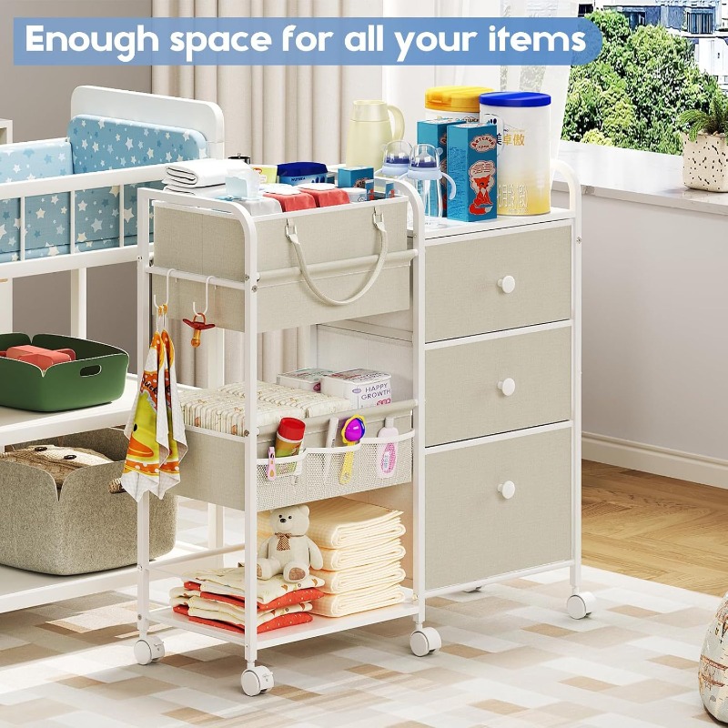 Baby Nursery Utility Cart - Grote capaciteit babyluier organisator winkelwagen 3-laags