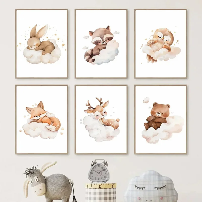 Baby Nursery Murals - Cartoon Cloud Animal Canvas Schilderij Wall