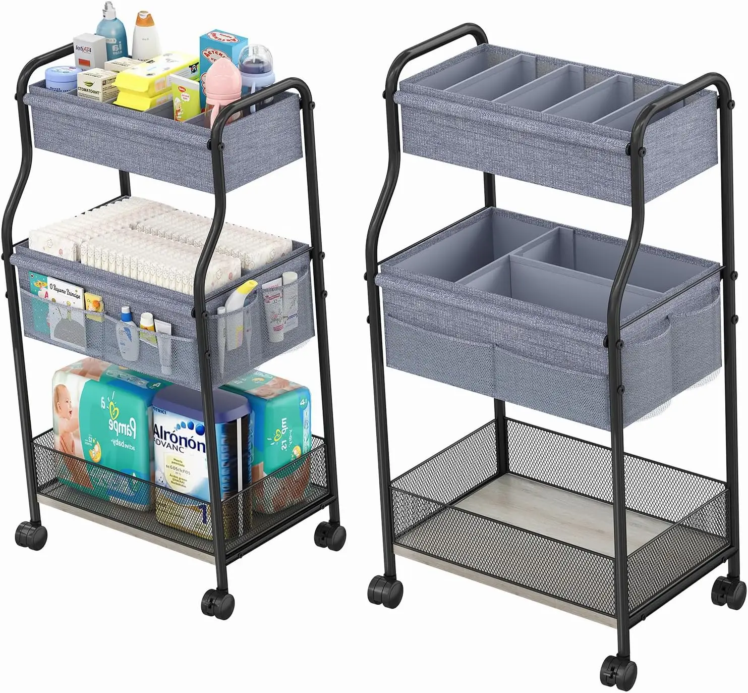 Baby Nursery Utility Cart - 3-laags baby-luiermand-organizer en opbergwagen, mobiele metalen