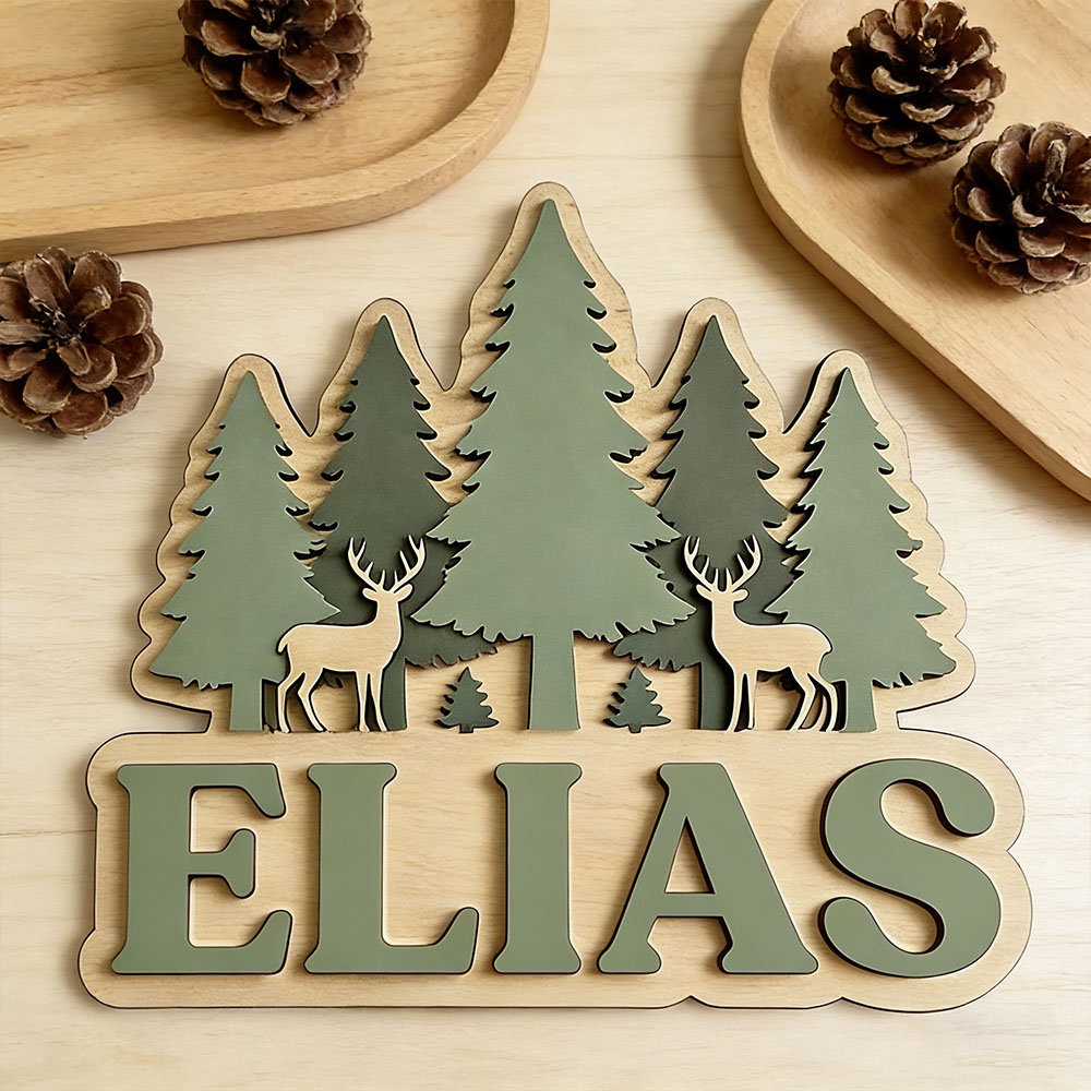 Baby Nursery Forest Theme - Houten bord met bosdieren- en dennenboomthema,