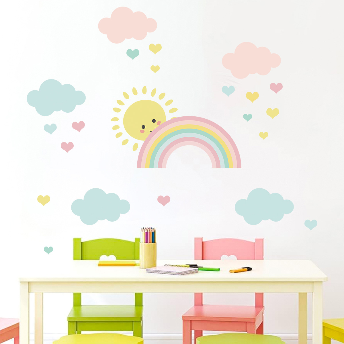 Cartoon Zon Regenboog Wolken M - Baby Nursery Murals recensie en prijs